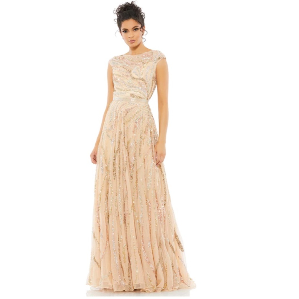 Mac Duggal Gold Beads and Sequins Embellished Cap Sleeve Evening Gown - Picture 2 of 15